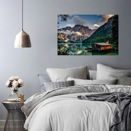 Canvas Print Mountains House Lake Nature
