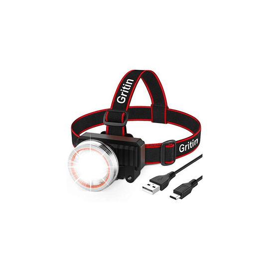 Gritin LED Head Torch, USB Rechargeable Headlamp Headlight - Super Bright 2000 Lumens, Motion Sensor, 90 Adjustable Rotating, 4 Light Modes, Lon