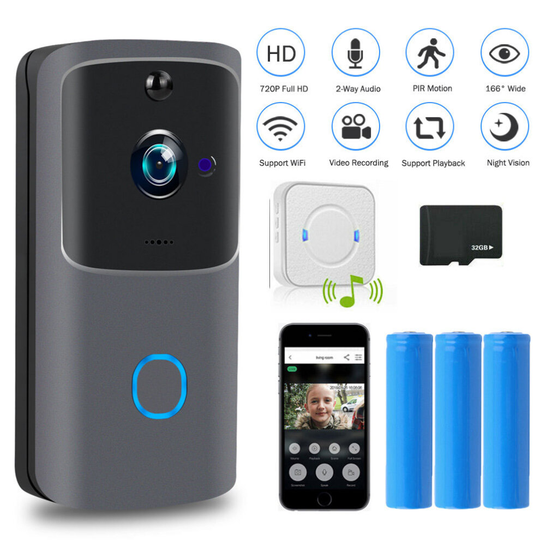 (Black+Chime+Battery+SD Card) WIFI Doorbell Smart Home Phone Door Bell Camera Security Video Intercom