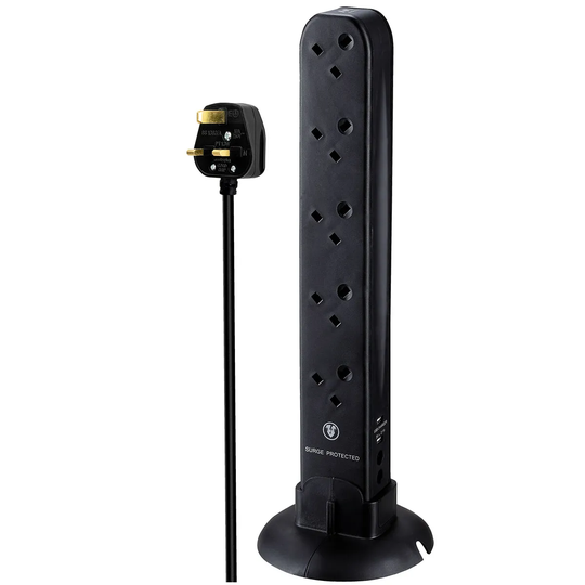 Masterplug 10 Socket 1m 13 Amp Surge Tower Extension Lead + 2 x 2.1a USB - Black