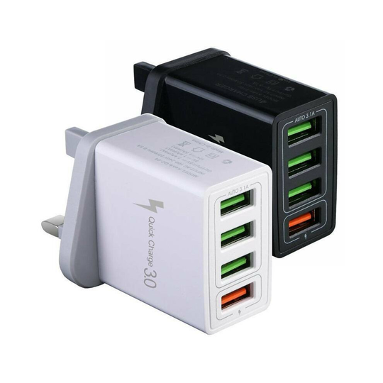 (White) 4 Port Fast Quick Charging Wall Charger Travel USB Power Adapter Plug Phone Home