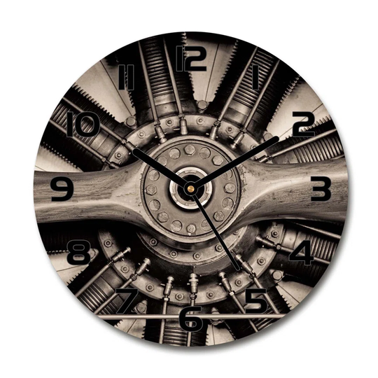 Glass Wall Clock 30Cm Round Decoration Picture Wall Art Modern Decoration Kitchen Living Room Silent - Aircraft Engine,29963668