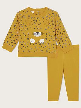 Monsoon Baby Boys Leopard Print Mustard Sweat Set - Mustard, Yellow, Size 0-3 Months