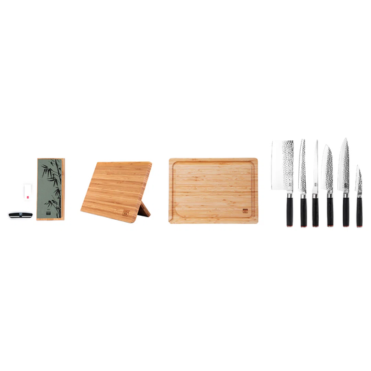 The Complete Set Deluxe Edition (A): 6 Knives (Paring Knife + Santoku + Gyuto + Fillet Knife + Bread Knife + Cleaver) + 3 Accessories (Magnetic Bambo