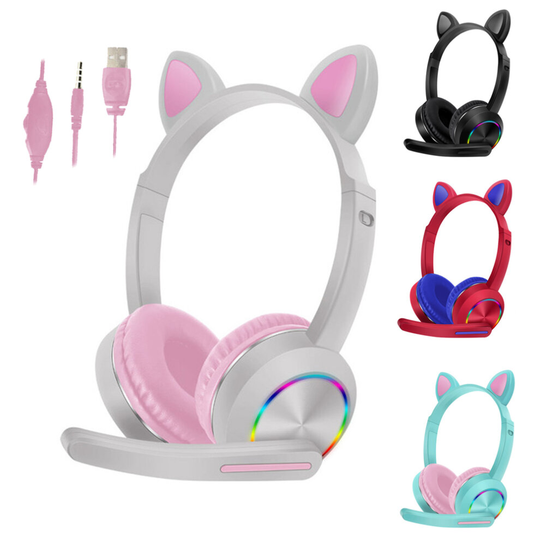 (Red) Kids LED Gaming Wired Cat Ear Headphones Headset with Microphone 3.5mm RGB