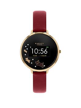 Radley Series 3 Smart Watch With Gold Dog Print Screen And Dark Red Strap Ladies Watch