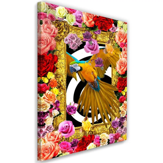 Canvas Print Parrot Colourful Flowers Roses