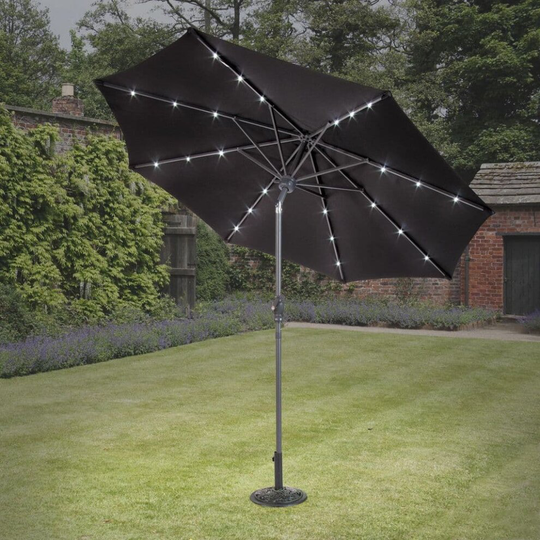 2.7m Parasol Lights & Bluetooth Speaker Solar LED Crank Tilt Black