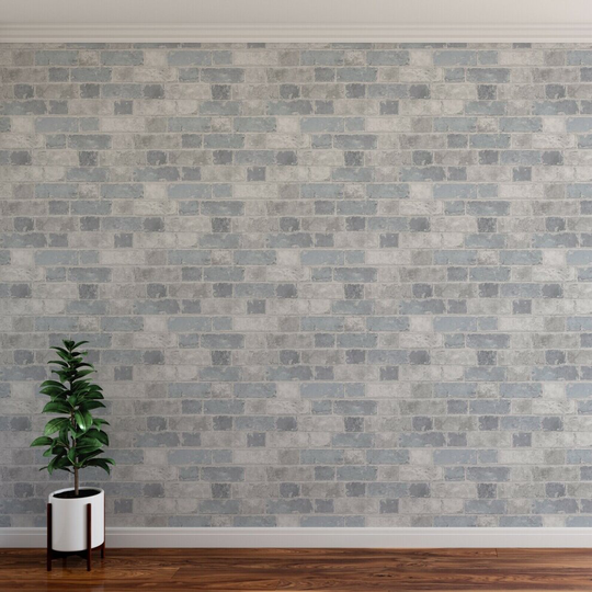 Brick Wall Effect Stone Sky Blue Light Grey Rustic Wallpaper