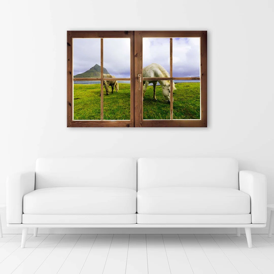 Canvas Print Window View Horse Meadow