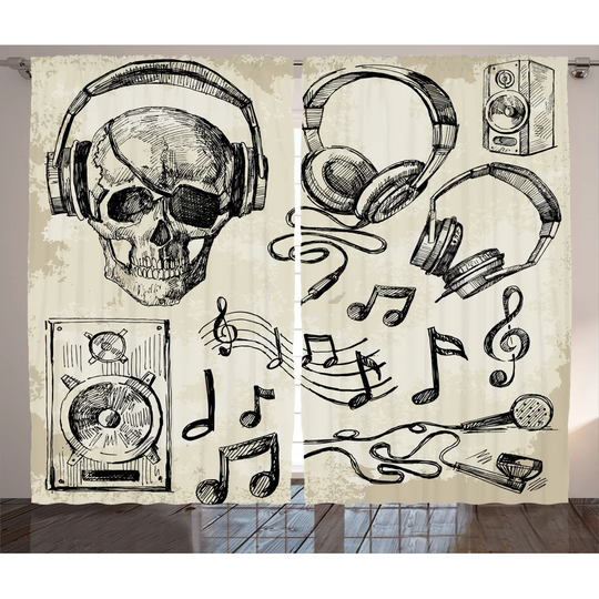 Sketchy Background Hipster Skull Headphones Record Player Mic Speakers Print Room Darkening Curtains