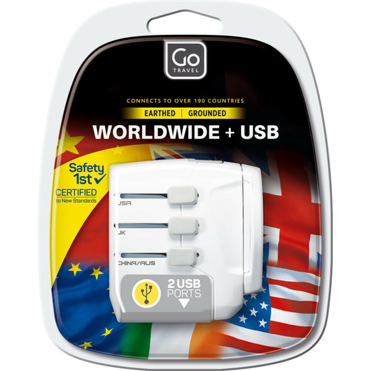 Go Travel Earthed Universal Worldwide Adaptor Converter with Twin USB Adapter