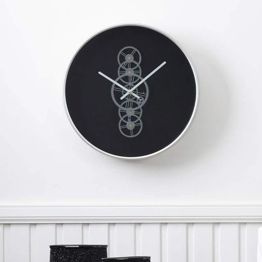Felsenthal 46cm Silver Finished Gears Wall Clock for Living Room and Bedroom with Black/Silver Dial
