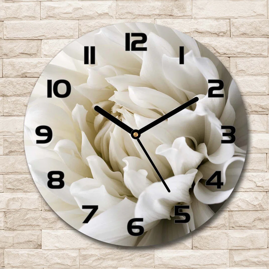 Glass Wall Clock 30Cm Round Decoration Picture Wall Art Modern Decoration Kitchen Living Room Silent - White Dahlia,96092298