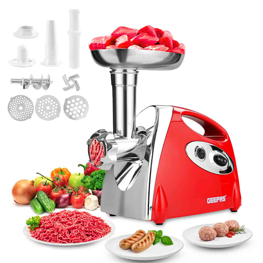 Geepas GMG42508UK 1400W Electric Meat Grinder, Meat Mincer And Sausage Stuffer - Red
