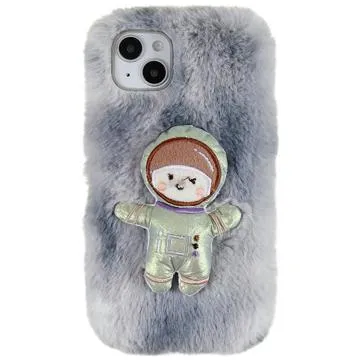 3D Plush Furry Winter iPhone 14 TPU Case - Grey Spaceman