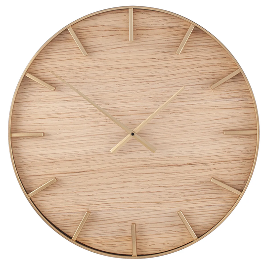 Celestial Gold Metal and Natural Wood Round Wall Clock