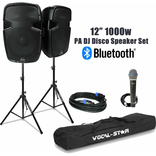 Vocal-Star PA Active 12" Speakers System Bluetooth MP3 1000W Inc Stands, Mic DJ Disco