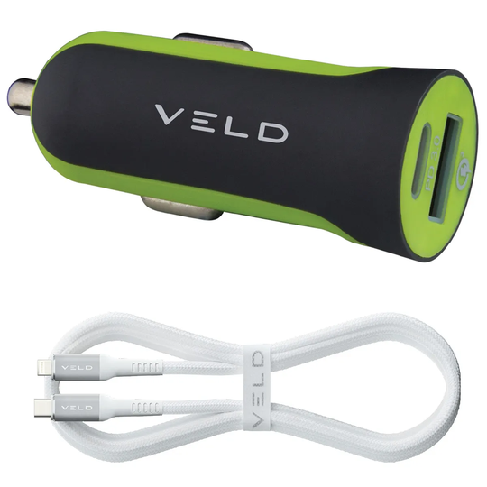 VELD 48W Super-Fast 2 Port Car Charger + 1m Type-C to Lightning Cable for use with Apple products