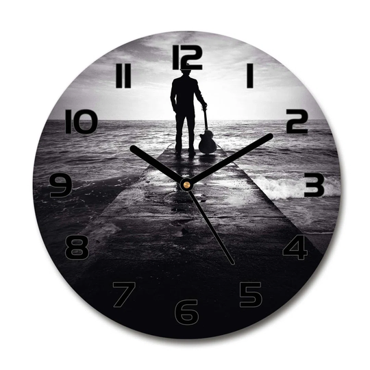 Glass Wall Clock 30Cm Round Decoration Picture Wall Art Modern Decoration Kitchen Living Room Silent - Guitarist On The Pier,62321839