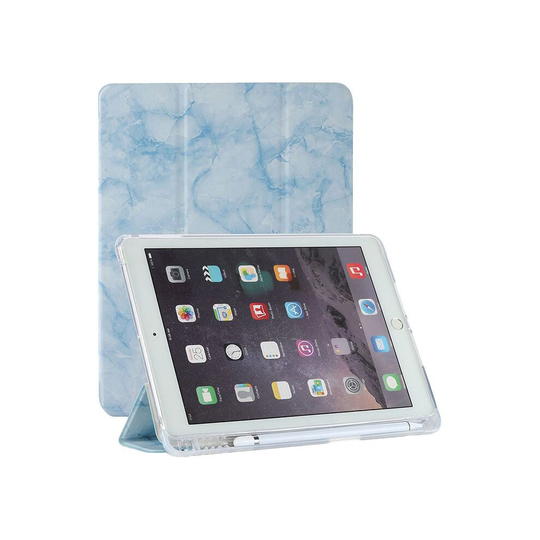 (Blue, 2018/2020/2021(12.9)) Marble Pattern iPad Smart Case Cover With Pen Slot Generation Air Tablet Stand