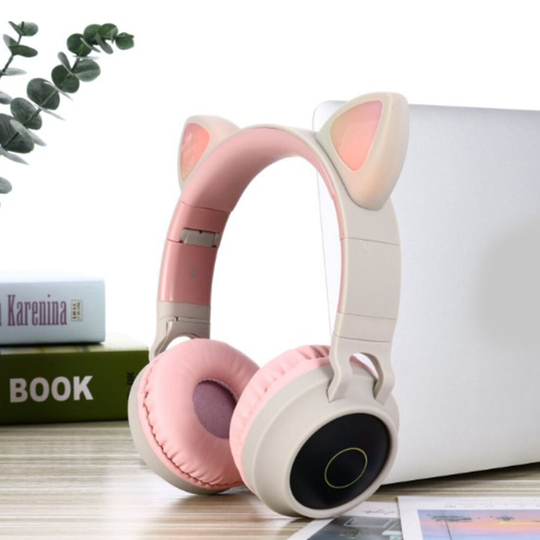 (Gray Pink) Cat Ear Bluetooth Headphones LED Lights Earphone