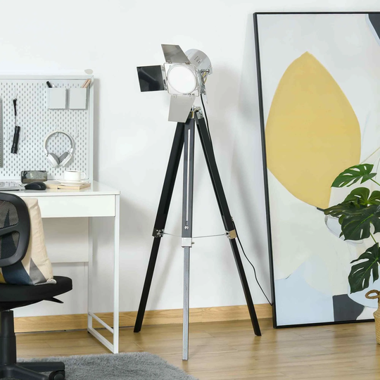 HOMCOM Vintage Tripod Floor Lamp Wood Cinema Searchlight With Adjustable Height