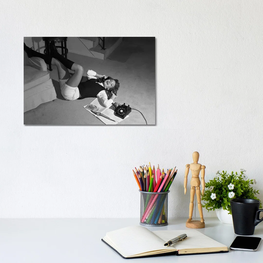 1960s Teenage Girl Lying on Floor Wear Shorts Knee Socks Reading Magazine Talking on Telephone Looking at Camera - Wrapped Canvas Photograph
