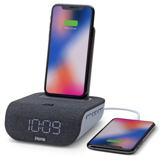 iHome Timebase Dual Charging Bluetooth Alarm Clock with Wireless Qi and USB Charging - Black