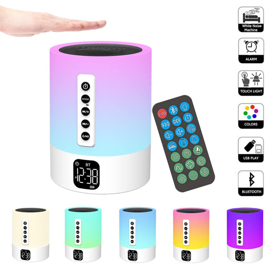 Night Light Bluetooth Speaker, White Noise Machine, Touch Bedside Lamp with Alarm Clock Bluetooth Speaker, Dimmable Multi-Color Changing