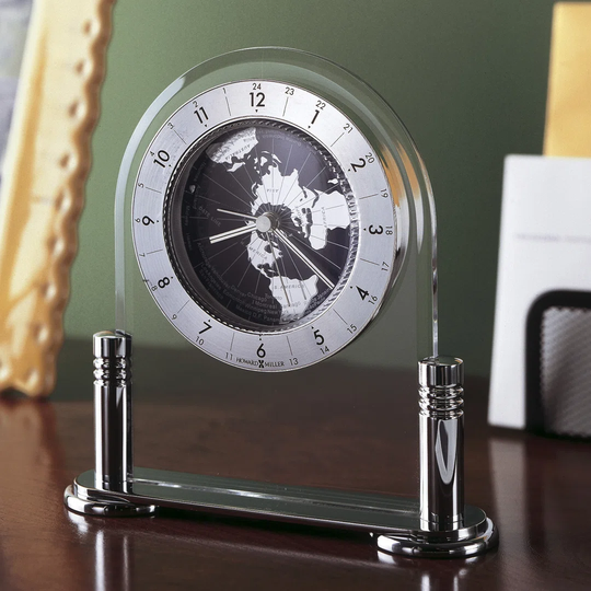 World Time Discoverer Glam Analog Acrylic Quartz Alarm Tabletop Clock in Polished Silver/Clear