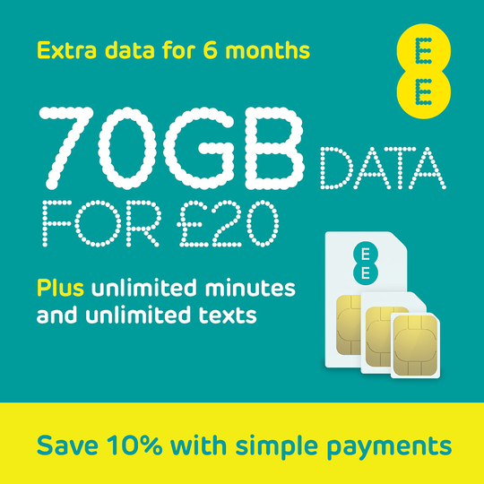 EE Extra Data 70GB Pay as You Go SIM Card