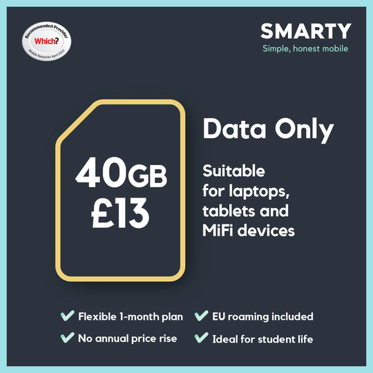 SMARTY 40GB 30 Day Pay As You Go Data Only SIM Card