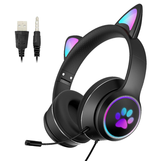 (Black) LED RGB Gaming Wired Cat Ear Headphones Headset Detachable Microphone Pink Adult or Kids 3.5mm