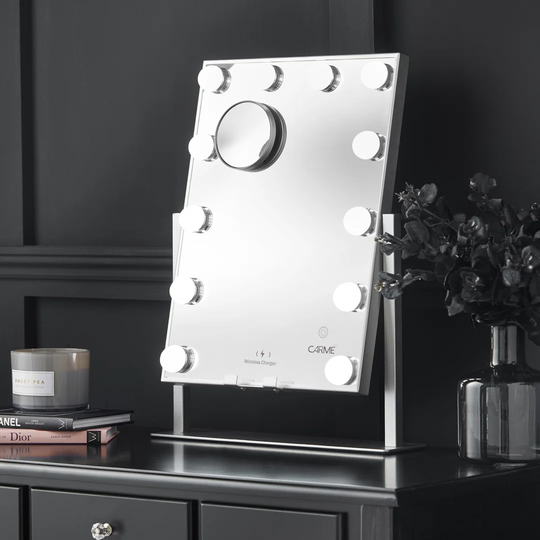 Magnifying Lighted Metal Framed Freestanding Makeup / Shaving Mirror