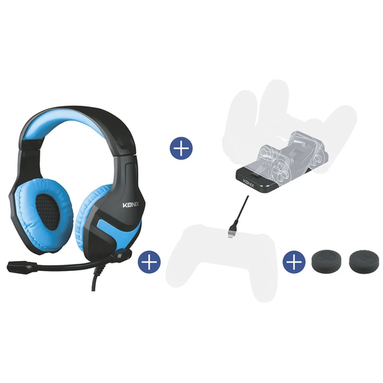 Konix Mythics Gamer Pack for PS4 - PS-400 Headset + Dual Charge Base + PS4 Pad Cable + 2 Thumb Grips