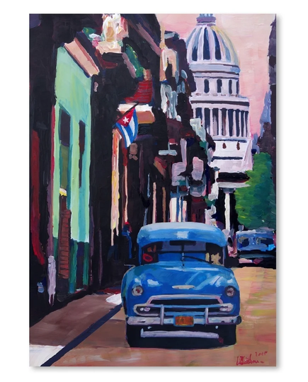 Cuban Oldtimer Street Scene in Havanna Cuba with Buena Vista Feelinng by M Bleichner - Unframed Painting Print on Paper