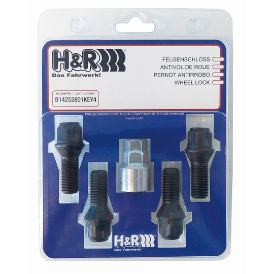 H&R Wheel lock set M12x1.50x30mm conic Black - 4 lock bolts incl. Adapter HR B1253001KEY4