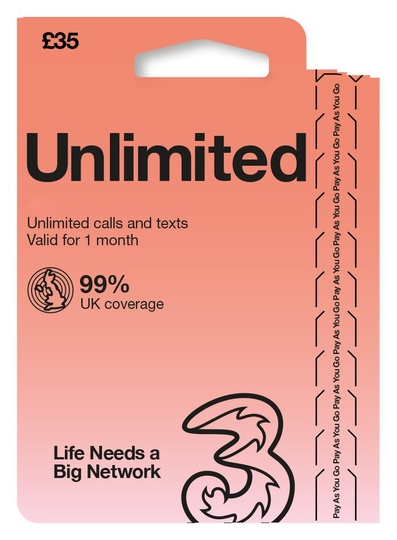 Three Unlimited New Pay As You Go SIM