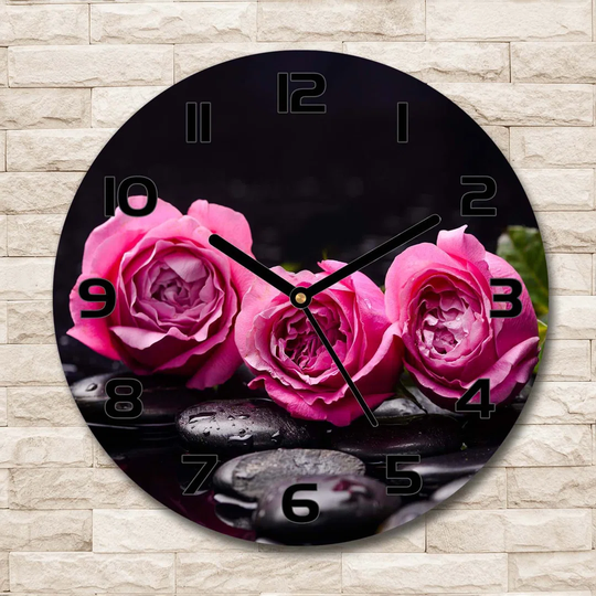 Glass Wall Clock 30Cm Round Decoration Picture Wall Art Modern Decoration Kitchen Living Room Silent - Pink Roses,77048055