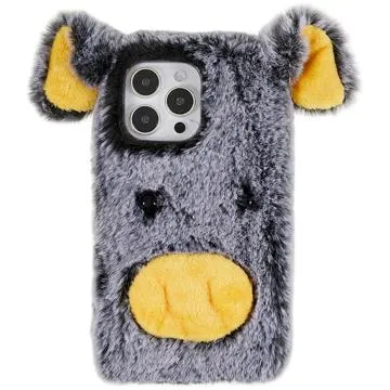 Fluffy Plush iPhone 14 Pro Hybrid Case - Grey Pig