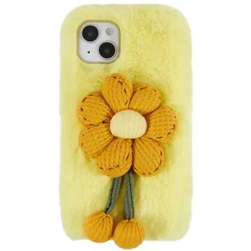 3D Plush Furry Winter iPhone 14 Plus TPU Case - Yellow Flower