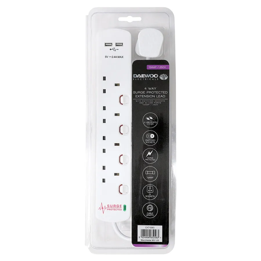 Daewoo 4-Way 2m Switched USB Extension Lead with Surge Protection - White