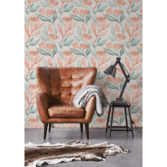 Liverpool Peach Flowers Light Floral Illustration Wallpaper