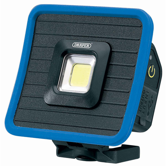 Draper Cob Led Rechargeable Mini Flood Light And Power Bank With Magnetic Base And Hanging Hook 10W 1000 Lumens Blue Usb-c Cable Supplied