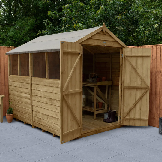 Forest Garden Overlap Pressure Treated 8X6 Apex Shed - Double Door 4 Windows