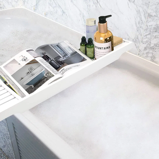 Bamboo Bath Caddy Tray Bridge - White Bath Caddy Wooden Bamboo Bathtub Tray Rack Tidy Bathroom Shelf Organizer Storage Bath Table For Reading , Tablet