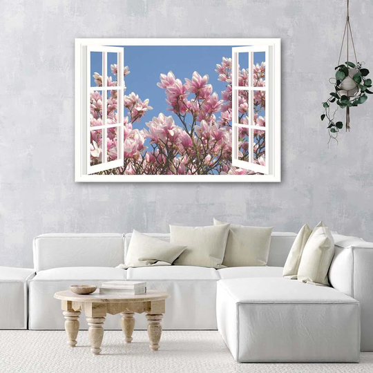 Canvas Print Window View Flowers Pink Nature