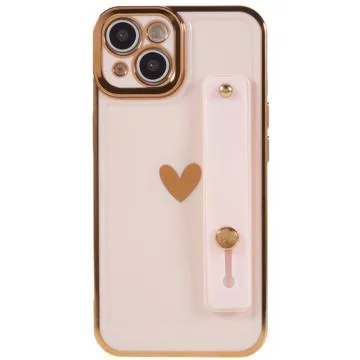 Heart Series iPhone 14 TPU Case with Hand Strap - Pink