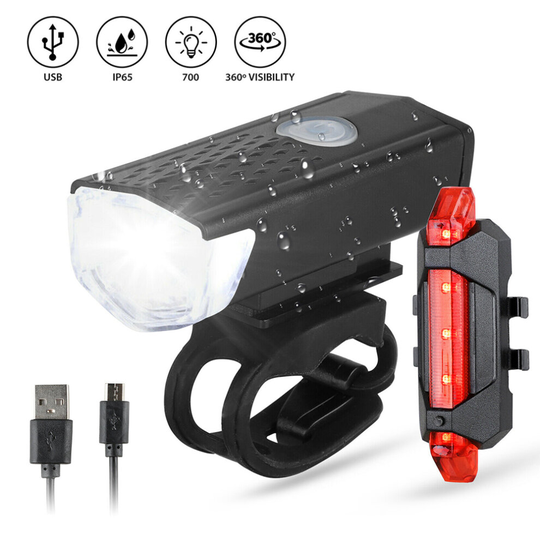 Bike Bicycle Light USB LED Rechargeable Set Mountain Cycle Front Back Headlight